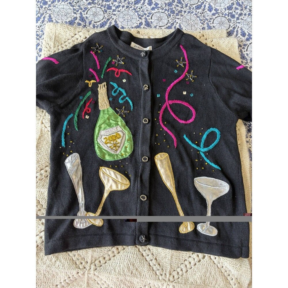 Arriviste Y2K viWomen's S Black Button-Front Cardigan Sweater Embroidered